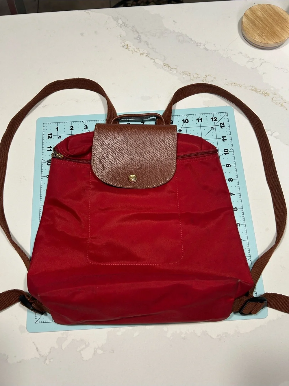 Longchamp Red Nylon Backpack with Brown Leather Flap